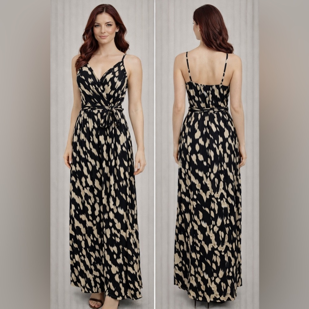 AAKAA Maxi Dress M Medium Wrap Dress Back Brown Cream Strappy NEW